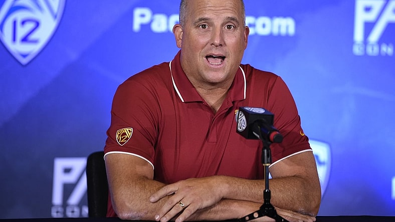 Jul 27, 2021; Hollywood, CA, USA; Southern California Trojans head coach Clay Helton speaks with the media during the Pac-12 football Media Day at the W Hollywood. Mandatory Credit: Kelvin Kuo-USA TODAY Sports