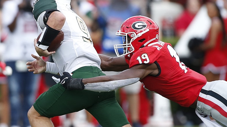 Sep 11, 2021; Athens, Georgia, USA; Georgia Bulldogs outside linebacker Adam Anderson (19) tackles UAB Blazers quarterback Dylan Hopkins (9) during the first half at Sanford Stadium. Mandatory Credit: Joshua L. Jones/Athens Banner-Herald via USA TODAY NETWORK