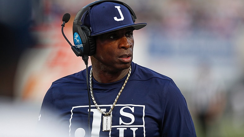 Sep 11, 2021; Memphis, TN, USA; Jackson State head coach Deion Sanders walks up and down the sideline in the Southern Heritage Classic between Tennessee State University and Jackson State University at Liberty Bowl Memorial Stadium in Memphis, Tenn., on Saturday, Sept. 11, 2021.  Mandatory Credit: Henry Taylor-USA TODAY Sports