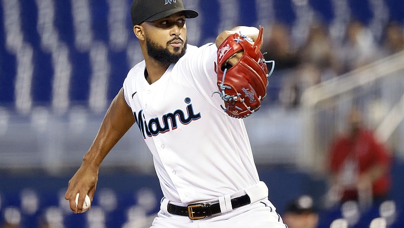 Sep 19, 2021; Miami, Florida, USA;  Miami Marlins pitcher Sandy Alcantara (22) pitches against the Pittsburgh Pirates during the first inning at loanDepot Park. Mandatory Credit: Rhona Wise-USA TODAY Sports