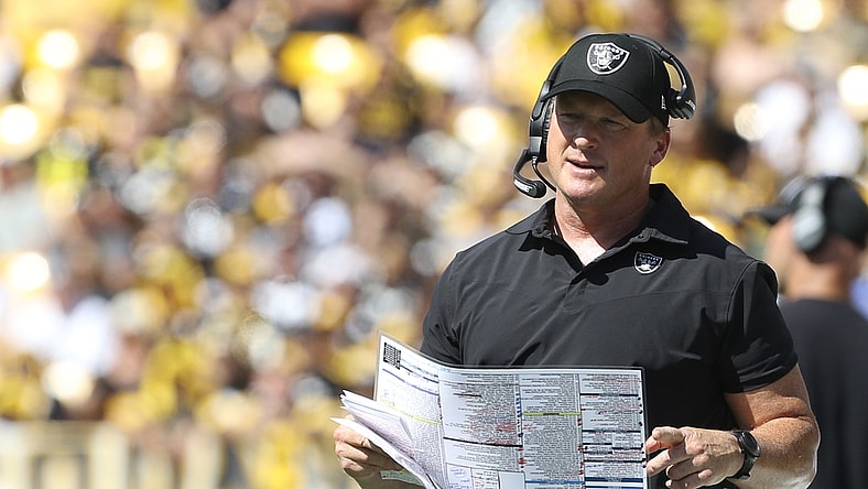 Sep 19, 2021; Pittsburgh, Pennsylvania, USA;  Las Vegas Raiders head coach Jon Gruden looks on from the sidelines against the Pittsburgh Steelers during the second quarter at Heinz Field. Las Vegas won 26-17.  Mandatory Credit: Charles LeClaire-USA TODAY Sports