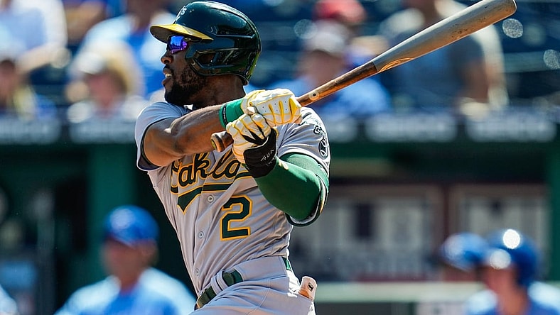 Sep 16, 2021; Kansas City, Missouri, USA; Oakland Athletics center fielder Starling Marte (2) bats against the Kansas City Royals during the first inning at Kauffman Stadium. Mandatory Credit: Jay Biggerstaff-USA TODAY Sports