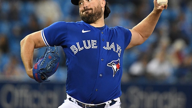 Sep 30, 2021; Toronto, Ontario, CAN;  Toronto Blue Jays starting pitcher Robbie Ray (38) delivers a pitch against New York Yankees in the first inning at Rogers Centre. Mandatory Credit: Dan Hamilton-USA TODAY Sports