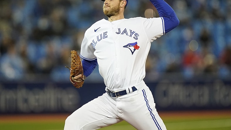 Oct 1, 2021; Toronto, Ontario, CAN; Toronto Blue Jays starting pitcher Steven Matz (22) pitches to the Baltimore Orioles during the second inning at Rogers Centre. Mandatory Credit: John E. Sokolowski-USA TODAY Sports
