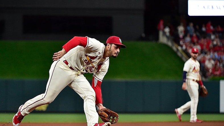 Oct 2, 2021; St. Louis, Missouri, USA;  St. Louis Cardinals third baseman Nolan Arenado (28) fields a ground ball during the fifth inning against the Chicago Cubs at Busch Stadium. Mandatory Credit: Jeff Curry-USA TODAY Sports