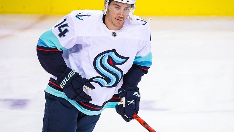 Sep 29, 2021; Calgary, Alberta, CAN; Seattle Kraken right wing Nathan Bastian (14) skates during the warmup period against the Calgary Flames at Scotiabank Saddledome. Mandatory Credit: Sergei Belski-USA TODAY Sports