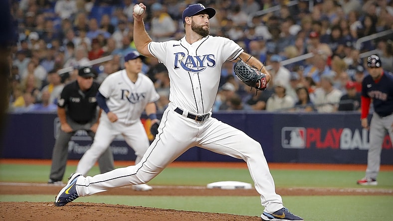 Oct 8, 2021; St. Petersburg, Florida, USA; Tampa Bay Rays relief pitcher Michael Wacha (52) pitches against the Boston Red Sox during the seventh inning in game two of the 2021 ALDS at Tropicana Field. Mandatory Credit: Mike Watters-USA TODAY Sports