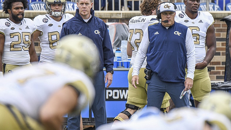 Oct 9, 2021; Durham, North Carolina, Georgia Tech Yellow Jackets head coach Geoff Collins watches his team's offense during the fourth quarter at Wallace Wade Stadium. Mandatory Credit: William Howard-USA TODAY Sports