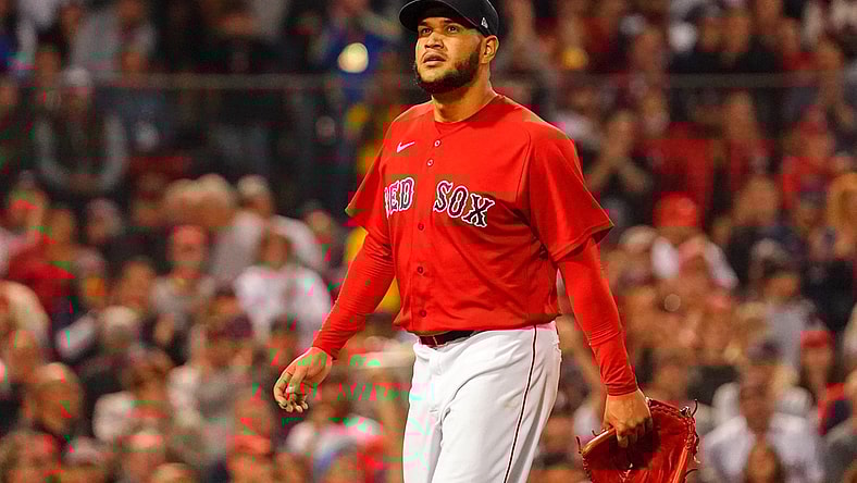 Oct 11, 2021; Boston, Massachusetts, USA; Boston Red Sox starting pitcher Eduardo Rodriguez (57) reacts after being taken out of the game during the sixth inning of their game against the Tampa Bay Rays during game four of the 2021 ALDS at Fenway Park. Mandatory Credit: David Butler II-USA TODAY Sports