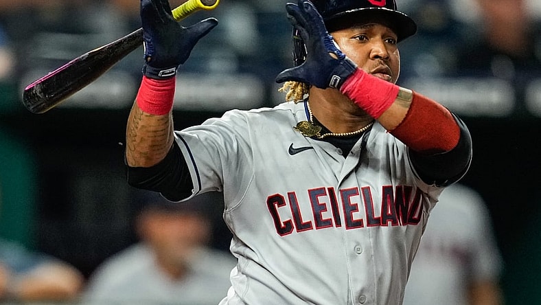 Sep 29, 2021; Kansas City, Missouri, USA; Cleveland Indians third baseman Jose Ramirez (11) bats against the Kansas City Royals during the fifth inning at Kauffman Stadium. Mandatory Credit: Jay Biggerstaff-USA TODAY Sports