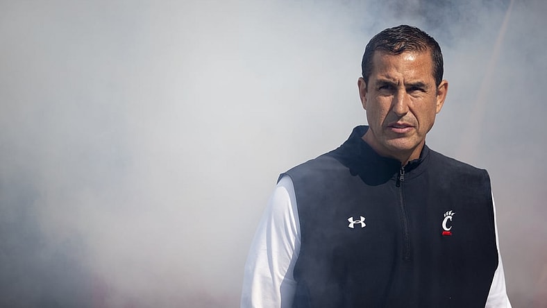 Oct 16, 2021; Cincinnati, Ohio, USA; Cincinnati Bearcats head coach Luke Fickell looks on before the NCAA football game between the Cincinnati Bearcats and the UCF Knights at Nippert Stadium. Mandatory Credit: Albert Cesare / The Enquirer-USA TODAY Sports