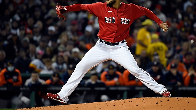 Oct 18, 2021; Boston, Massachusetts, USA; Boston Red Sox starting pitcher Eduardo Rodriguez (57) pitches against the Houston Astros during the second inning of game three of the 2021 ALCS at Fenway Park. Mandatory Credit: Bob DeChiara-USA TODAY Sports