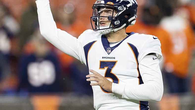 Oct 21, 2021; Cleveland, Ohio, USA; Denver Broncos quarterback Drew Lock (3) throws the ball during warmups before the game against the Cleveland Browns at FirstEnergy Stadium. Mandatory Credit: Scott Galvin-USA TODAY Sports