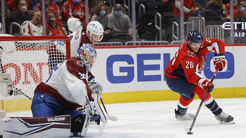 Oct 19, 2021; Washington, District of Columbia, USA; Washington Capitals center Nic Dowd (26) shoots the puck on Colorado Avalanche goaltender Darcy Kuemper (35) during the first period at Capital One Arena. Mandatory Credit: Geoff Burke-USA TODAY Sports