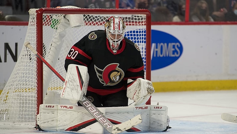 Oct 23, 2021; Ottawa, Ontario, CAN; Ottawa Senators goalie Matt Murray (30) makes a save in the first period against the New York Rangers at the Canadian Tire Centre. Mandatory Credit: Marc DesRosiers-USA TODAY Sports