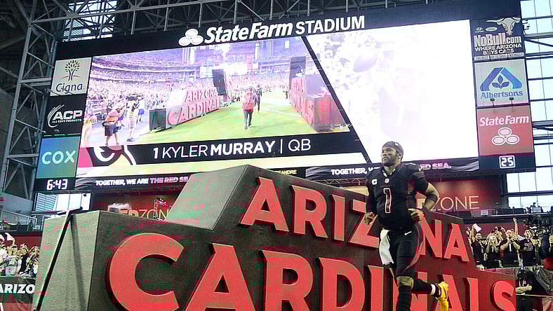 Oct 28, 2021; Glendale, Arizona, USA; Arizona Cardinals quarterback Kyler Murray (1) is introduced prior the first half against the Green Bay Packers at State Farm Stadium. Mandatory Credit: Joe Camporeale-USA TODAY Sports