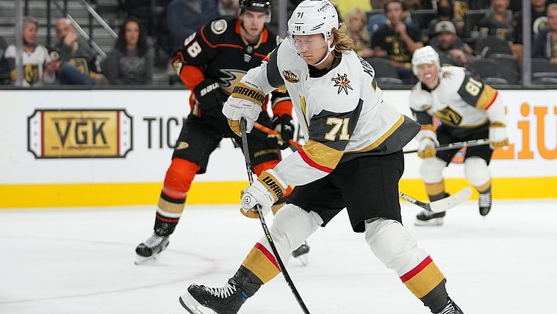 Oct 29, 2021; Las Vegas, Nevada, USA; Vegas Golden Knights center William Karlsson (71) shoots during the second period against the Anaheim Ducks at T-Mobile Arena. Mandatory Credit: Stephen R. Sylvanie-USA TODAY Sports