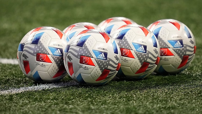 Oct 30, 2021; Atlanta, Georgia, USA; A detailed view of match balls on the pitch prior to the match between Atlanta United FC and Toronto FC at Mercedes-Benz Stadium. Mandatory Credit: Jasen Vinlove-USA TODAY Sports