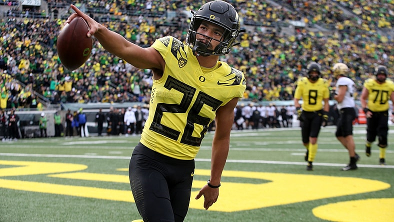 Oregon running back Travis Dye celebrates his second quarter touchdown against Colorado Saturday Oct. 30, 2021.

Eug 103021 Uo Cofb16