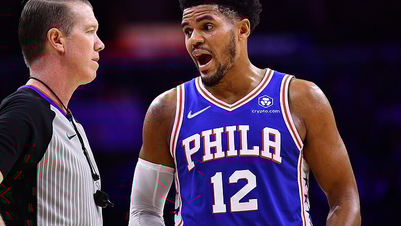 Oct 30, 2021; Philadelphia, Pennsylvania, USA; Philadelphia 76ers forward Tobias Harris (12) reacts to a foul call in the second quarter against the Atlanta Hawks at Wells Fargo Center. Mandatory Credit: Kyle Ross-USA TODAY Sports