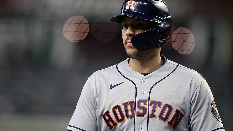 Oct 31, 2021; Atlanta, Georgia, USA; Houston Astros shortstop Carlos Correa (1) during the third inning of game five of the 2021 World Series against the Atlanta Braves at Truist Park. Mandatory Credit: Brett Davis-USA TODAY Sports