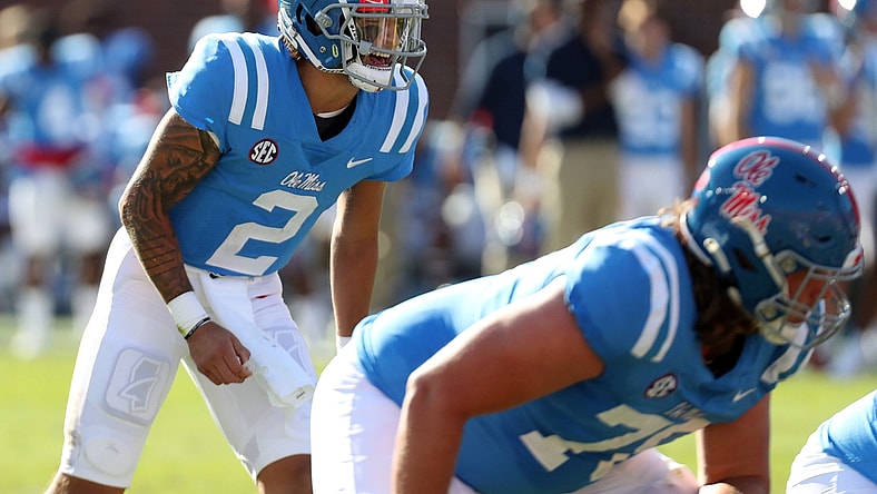 Oct 23, 2021; Oxford, Mississippi, USA; Mississippi Rebels quarterback Matt Corral (2) gives direction prior to the snap during the first half against the LSU Tigers at Vaught-Hemingway Stadium. Mandatory Credit: Petre Thomas-USA TODAY Sports