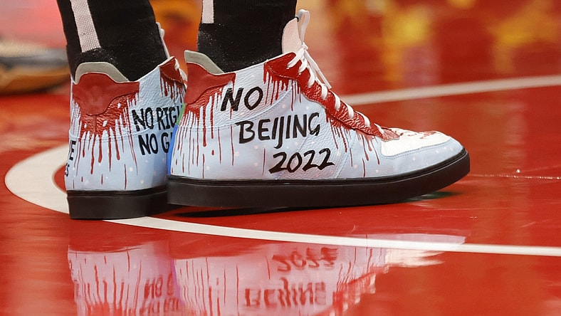 Oct 30, 2021; Washington, District of Columbia, USA; A view of the shoes of Boston Celtics center Enes Kanter (13) against the Washington Wizards at Capital One Arena. Mandatory Credit: Geoff Burke-USA TODAY Sports