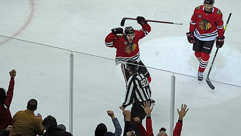 Nov 1, 2021; Chicago, Illinois, USA; Chicago Blackhawks left wing Brandon Hagel (38) celebrates his goal against the Ottawa Senators during the first period at United Center. Mandatory Credit: David Banks-USA TODAY Sports