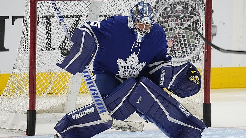 Nov 2, 2021; Toronto, Ontario, CAN; Toronto Maple Leafs goaltender Petr Mrazek (35) makes a save during warm up before a game against the Vegas Golden Knights at Scotiabank Arena. Mandatory Credit: John E. Sokolowski-USA TODAY Sports
