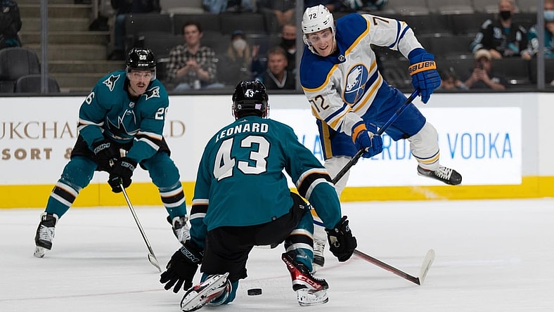 Nov 2, 2021; San Jose, California, USA; Buffalo Sabres right wing Tage Thompson (72) leaps after shooting the puck during the first period against San Jose Sharks left wing John Leonard (43) at SAP Center at San Jose. Mandatory Credit: Stan Szeto-USA TODAY Sports