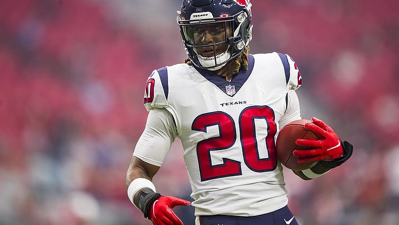 Oct 24, 2021; Glendale, Arizona, USA; Houston Texans safety Justin Reid (20) against the Arizona Cardinals at State Farm Stadium. Mandatory Credit: Mark J. Rebilas-USA TODAY Sports
