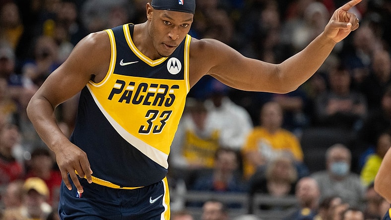 Nov 3, 2021; Indianapolis, Indiana, USA; Indiana Pacers center Myles Turner (33) celebrates a basket in the first half against the New York Knicks at Gainbridge Fieldhouse. Mandatory Credit: Trevor Ruszkowski-USA TODAY Sports