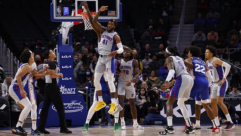 Nov 4, 2021; Detroit, Michigan, USA; Detroit Pistons forward Saddiq Bey (41) wins a jump ball in the first half against the Philadelphia 76ers at Little Caesars Arena. Mandatory Credit: Rick Osentoski-USA TODAY Sports