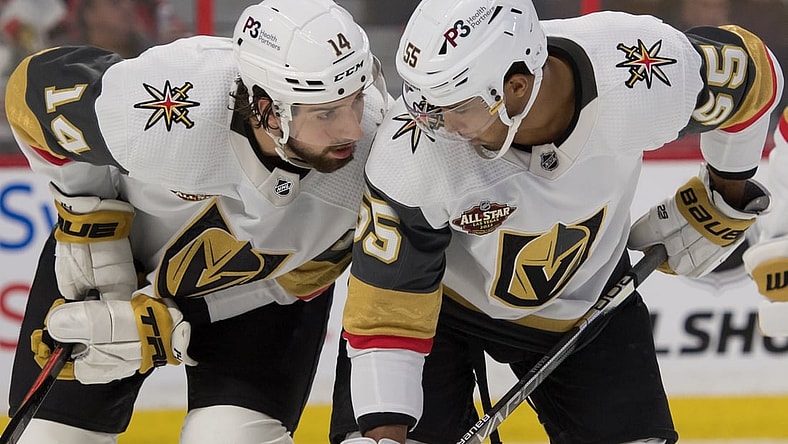 Nov 4, 2021; Ottawa, Ontario, CAN; Vegas Golden Knights defenseman Nicolas Hague (14) speaks with right wing Keegan Kolesar (55) in the second period against the Ottawa Senators at the Canadian Tire Centre. Mandatory Credit: Marc DesRosiers-USA TODAY Sports