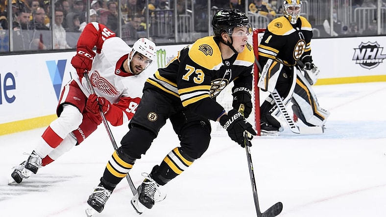 Nov 4, 2021; Boston, Massachusetts, USA;  Boston Bruins defenseman Charlie McAvoy (73) skates with the puck ahead of Detroit Red Wings center Joe Veleno (90) during the second period at TD Garden. Mandatory Credit: Bob DeChiara-USA TODAY Sports