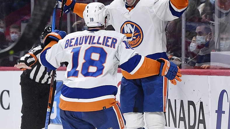 Nov 4, 2021; Montreal, Quebec, CAN; New York Islanders forward Brock Nelson (29) reacts with teammate forward Anthony Beauvillier (18) after scoring a goal against the Montreal Canadiens during the second period at the Bell Centre. Mandatory Credit: Eric Bolte-USA TODAY Sports