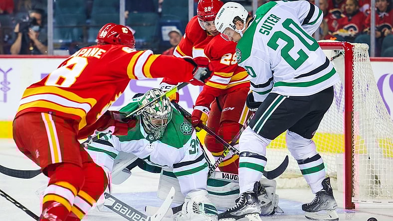 Nov 4, 2021; Calgary, Alberta, CAN; Dallas Stars goaltender Anton Khudobin (35) guards his net against the Calgary Flames during the first period at Scotiabank Saddledome. Mandatory Credit: Sergei Belski-USA TODAY Sports