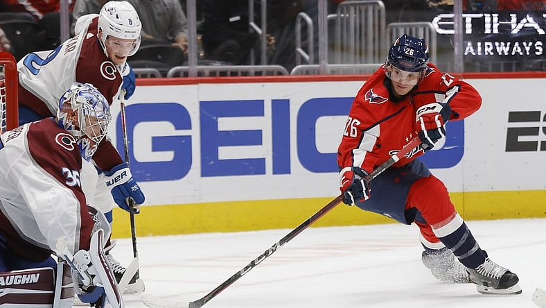 Oct 19, 2021; Washington, District of Columbia, USA; Washington Capitals center Nic Dowd (26) shoots the puck on Colorado Avalanche goaltender Darcy Kuemper (35) at Capital One Arena. Mandatory Credit: Geoff Burke-USA TODAY Sports
