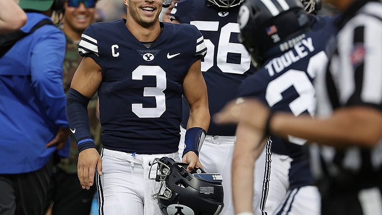 Nov 6, 2021; Provo, Utah, USA; Brigham Young Cougars quarterback Jaren Hall (3) reacts after a first quarter interception against the Idaho State Bengals at LaVell Edwards Stadium. Mandatory Credit: Jeffrey Swinger-USA TODAY Sports