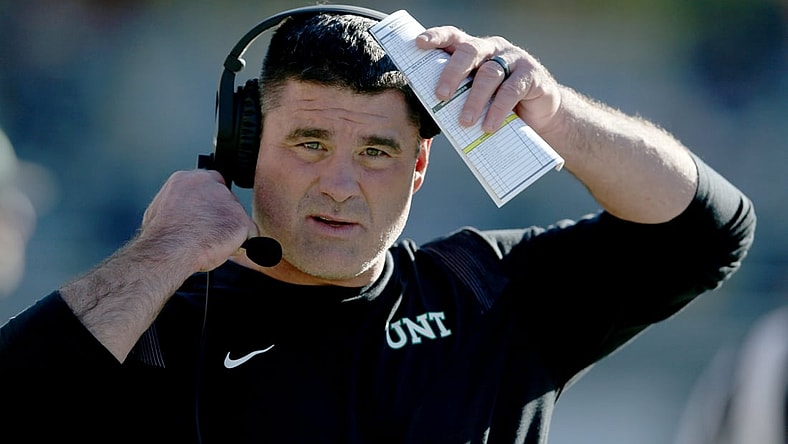 Nov 6, 2021; Hattiesburg, Mississippi, USA; North Texas Mean Green head coach Seth Littrell in the second half against the Southern Miss Golden Eagles at M.M. Roberts Stadium. Mandatory Credit: Chuck Cook-USA TODAY Sports