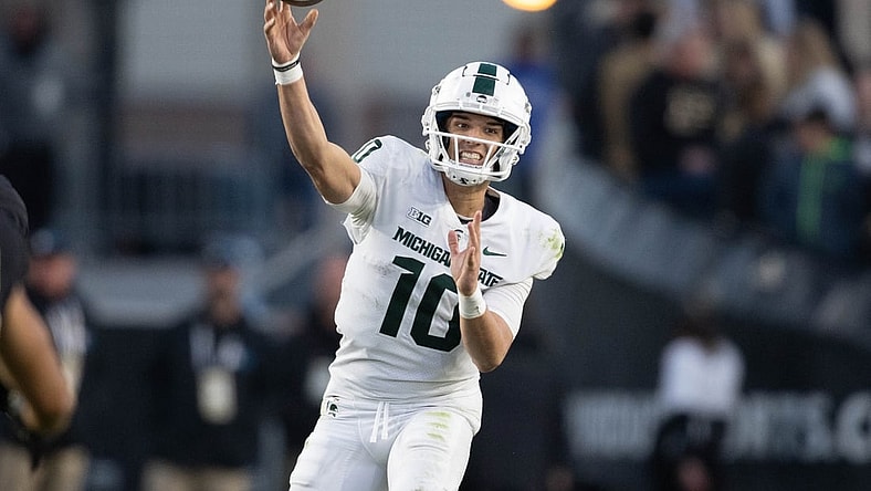 Nov 6, 2021; West Lafayette, Indiana, USA; Michigan State Spartans quarterback Payton Thorne (10) passes the ball  in the second half against the Purdue Boilermakers at Ross-Ade Stadium. Mandatory Credit: Trevor Ruszkowski-USA TODAY Sports