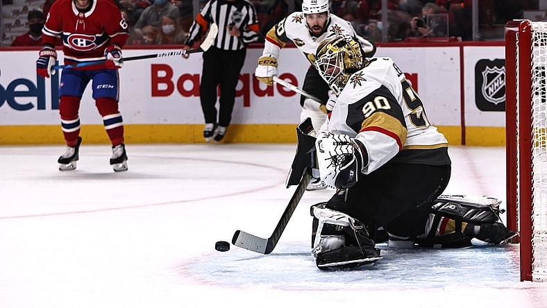 Nov 6, 2021; Montreal, Quebec, CAN; Vegas Golden Knights goaltender Robin Lehner (90) makes a save against Montreal Canadiens during the first period at Bell Centre. Mandatory Credit: Jean-Yves Ahern-USA TODAY Sports