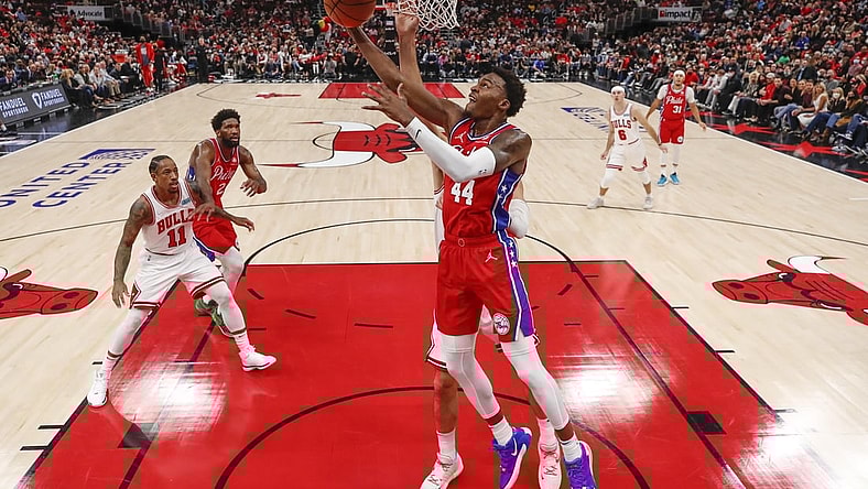 Nov 6, 2021; Chicago, Illinois, USA; Philadelphia 76ers forward Paul Reed (44) goes to the basket against the Chicago Bulls during the first half at United Center. Mandatory Credit: Kamil Krzaczynski-USA TODAY Sports