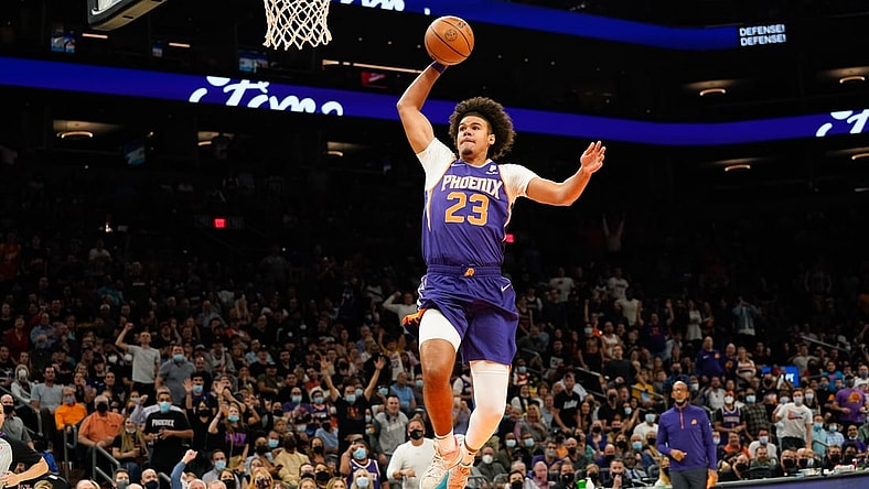Nov 6, 2021; Phoenix, Arizona, USA; Phoenix Suns forward Cam Johnson (23) with a dunk against the Atlanta Hawks in the first half at Footprint Center. Mandatory Credit: Allan Henry-USA TODAY Sports