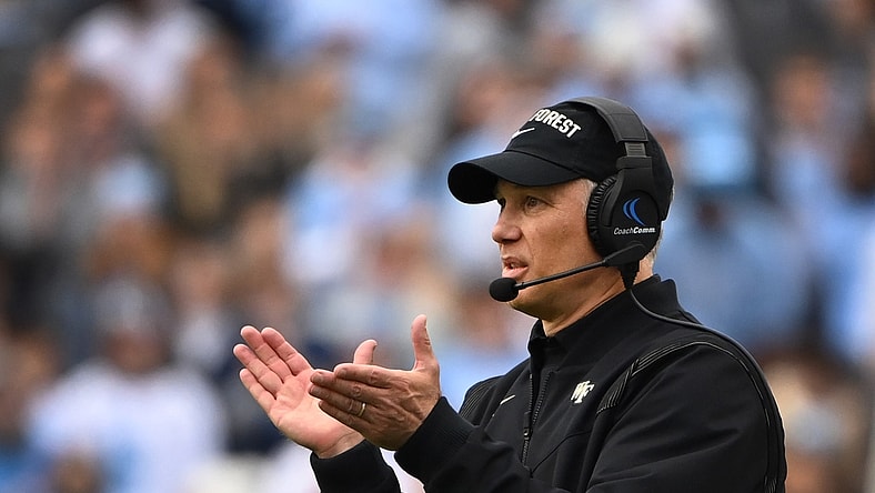 Nov 6, 2021; Chapel Hill, North Carolina, USA; Wake Forest Demon Deacons head coach Dave Clawson reacts in the third quarter at Kenan Memorial Stadium. Mandatory Credit: Bob Donnan-USA TODAY Sports