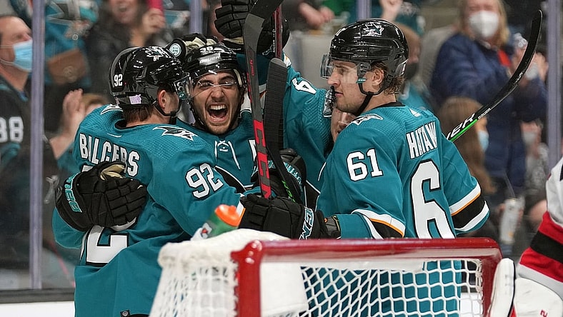 Nov 6, 2021; San Jose, California, USA; San Jose Sharks players celebrate after a goal by left wing Rudolfs Balcers (92) during the second period against the New Jersey Devils at SAP Center at San Jose. Mandatory Credit: Darren Yamashita-USA TODAY Sports