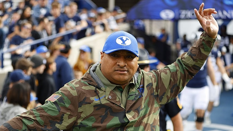 Nov 6, 2021; Provo, Utah, USA; Brigham Young Cougars head coach Kalani Sitake enters the field prior to their game against the Idaho State Bengals at LaVell Edwards Stadium. Mandatory Credit: Jeffrey Swinger-USA TODAY Sports