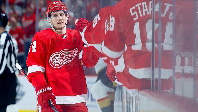 Nov 7, 2021; Detroit, Michigan, USA;  Detroit Red Wings center Pius Suter (24) receives congratulations from teammates after scoring in the first period against the Vegas Golden Knights at Little Caesars Arena. Mandatory Credit: Rick Osentoski-USA TODAY Sports