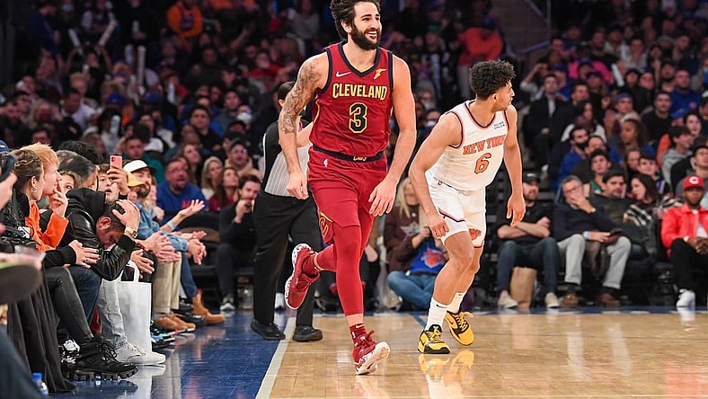 Nov 7, 2021; New York, New York, USA; Cleveland Cavaliers guard Ricky Rubio (3) celebrates after scoring a three-pointer against the New York Knicks during the fourth quarter at Madison Square Garden. Mandatory Credit: Dennis Schneidler-USA TODAY Sports