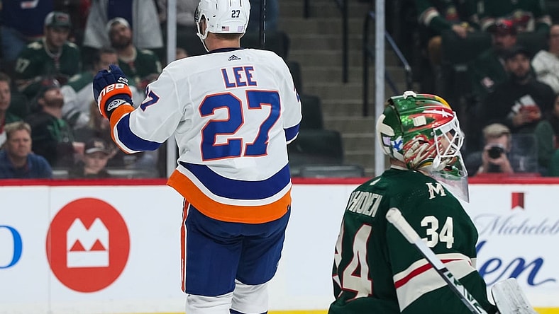 Nov 7, 2021; Saint Paul, Minnesota, USA; New York Islanders left wing Anders Lee (27) celebrates after scoring a goal against Minnesota Wild goaltender Kaapo Kahkonen (34) in the first period at Xcel Energy Center. Mandatory Credit: David Berding-USA TODAY Sports